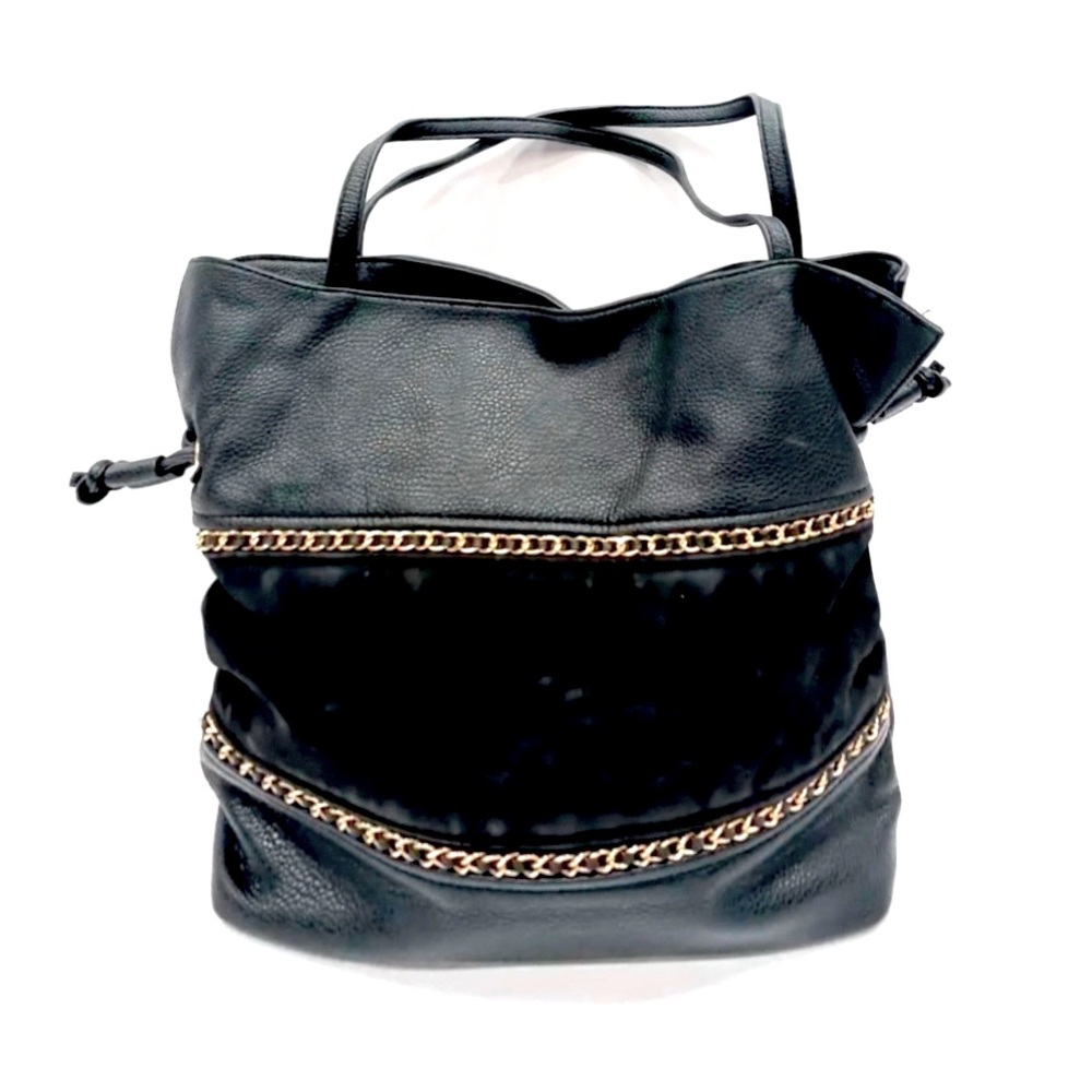 Chloe Large Black Leather Shoulder Bag With Drawstring Top